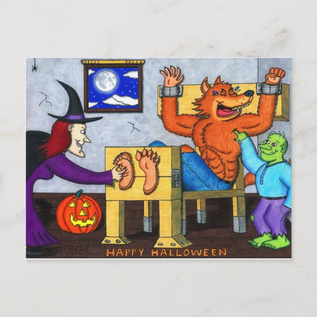 Cartão Postal Lobisomem do Halloween de Ticklish (Frente)