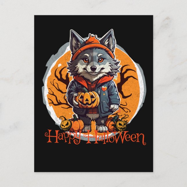 Cartão Postal Lobo Bonito com Víblias Felizes de Halloween de Pu (Frente)