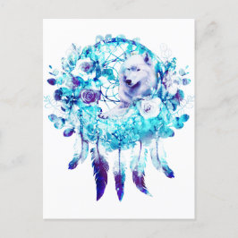 Cartão Postal Lobo Branco Dreamcatcher Blue Floral