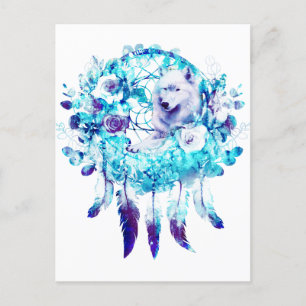 Cartão Postal Lobo Branco Dreamcatcher Blue Floral