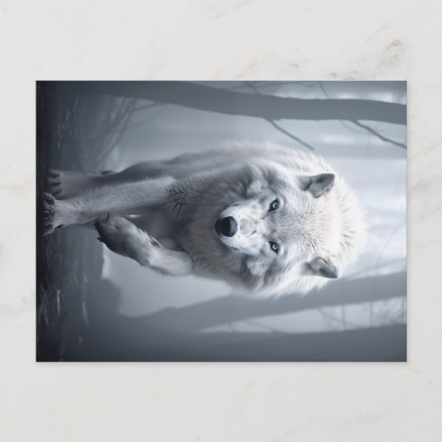 Cartão Postal Lobo Branco na Floresta Foggy (Frente)