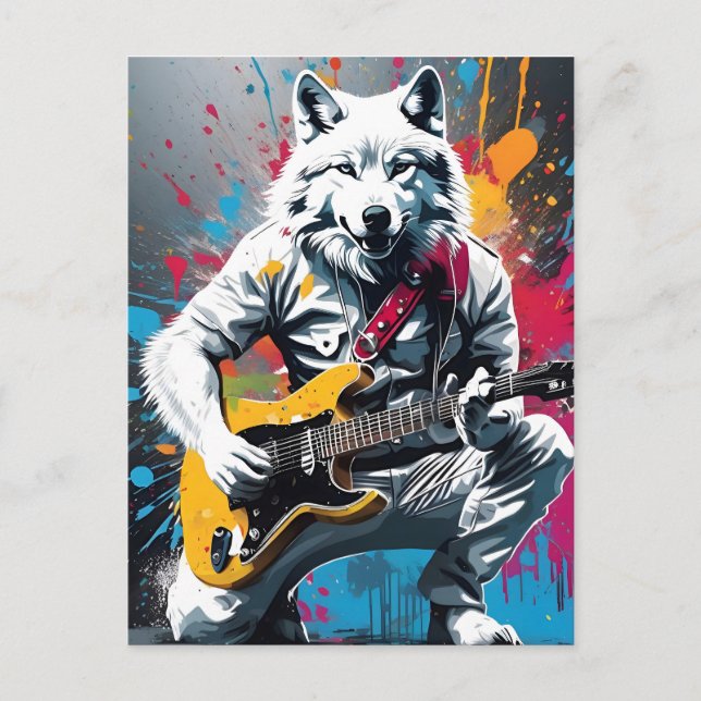 Cartão Postal Lobo branco tocando violão, grafite (Frente)