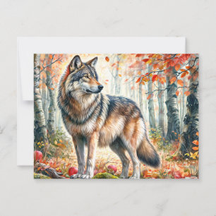 Cartão Postal Lobo de Outono Com Maçãs Na Floresta De Queda