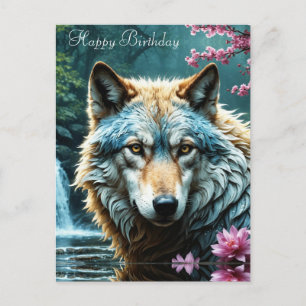 Cartão Postal Lobo de pé no rio com flores de aniversário
