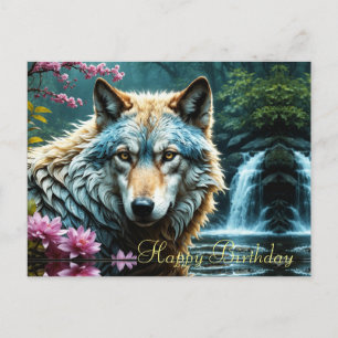 Cartão Postal Lobo de pé no rio com flores de aniversário