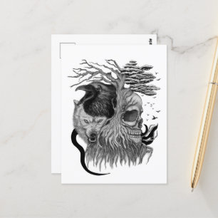 Cartão Postal Lobo e Raven com crânio