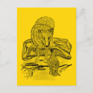 Cartão Postal Lobo e Raven - Design preto e amarelo