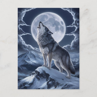 Cartão Postal Lobo Majestoso Sobre Pico de Neve