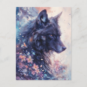 Cartão Postal Lobo Negro Místico em Jardim Floral Rosa