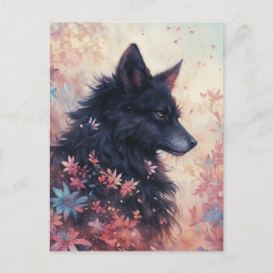 Cartão Postal Lobo Negro Místico em Prado Floral Rosa