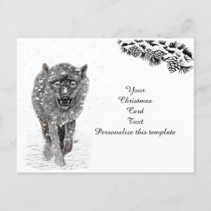 Cartão Postal Lobo Negro Zangado na Neve, inverno selvagem