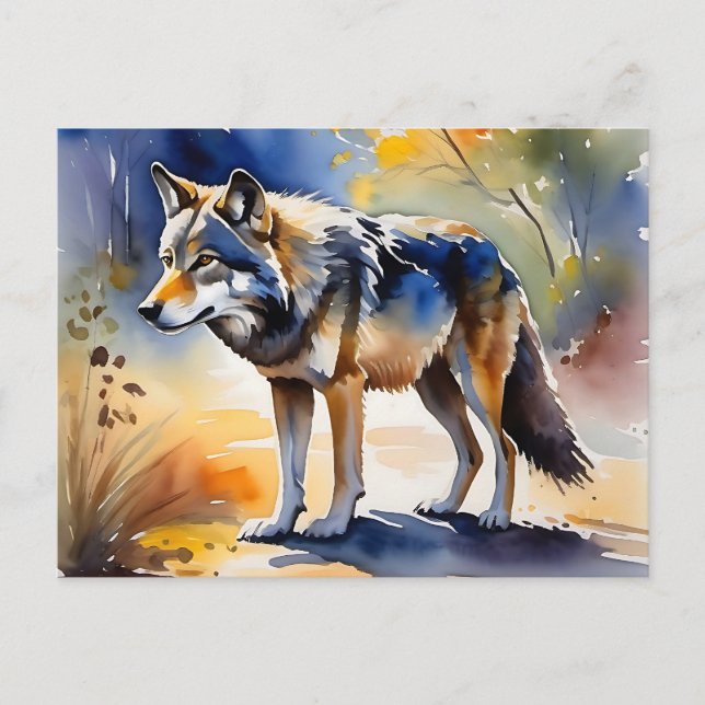 Cartão Postal Lobo numa pintura de aquarela florestal (Frente)