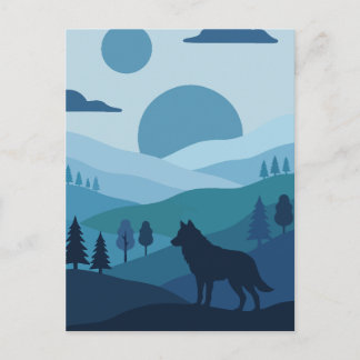 Cartão Postal Lobo Silhueta Azul e Paisagem de Luas Gêmeas