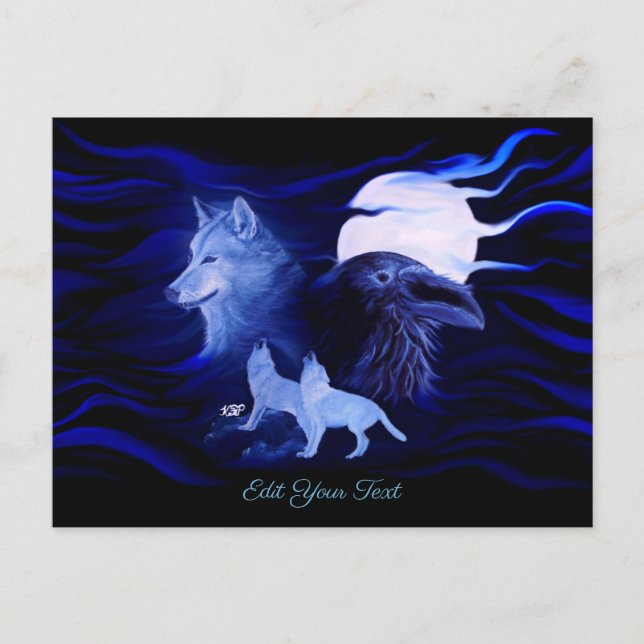 Cartão Postal Lobos e Raven com lua de cheio (Frente)