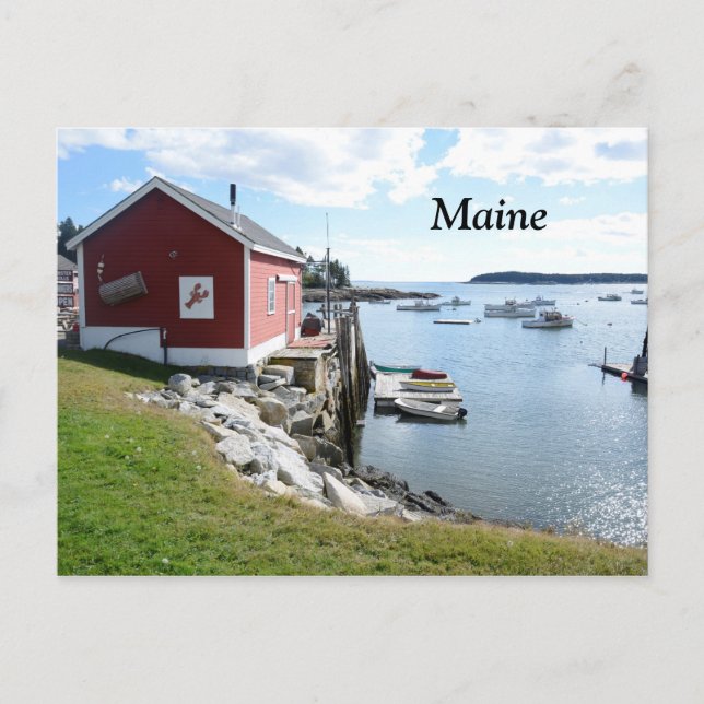 Cartão Postal lobster shack and boats in Maine (Frente)