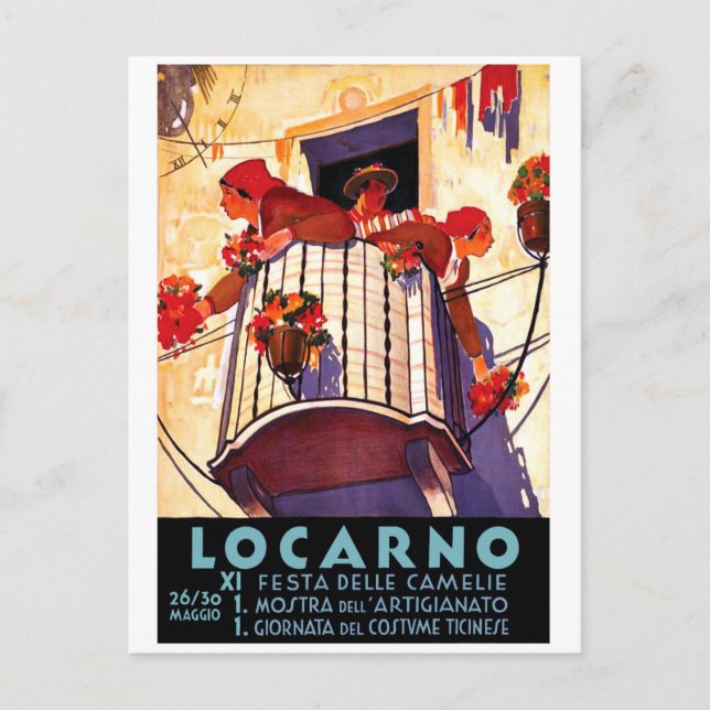 Cartão Postal Locarno, Suiça, mulheres no terraço, flores (Frente)