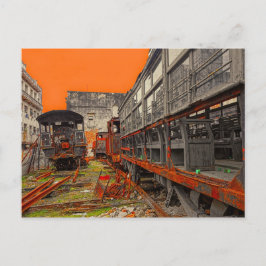 Cartão Postal Locomotivas velhas e enferrujadas e carruagens