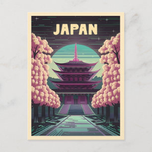 Cartão Postal LoFi Vaporwave Retro Templo Japonês Sakura dos ano