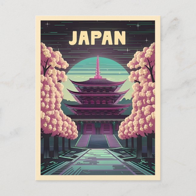 Cartão Postal LoFi Vaporwave Retro Templo Japonês Sakura dos ano (Frente)