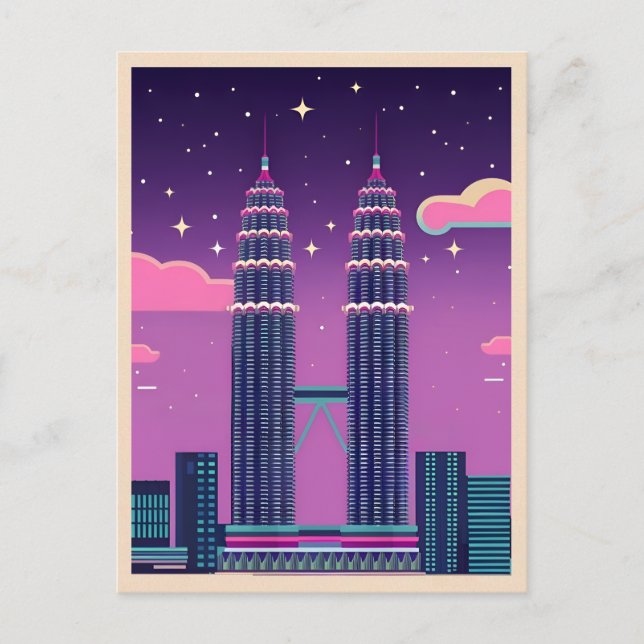 Cartão Postal LoFi Vaporwave Retro Torres Petronas Malásia anos  (Frente)
