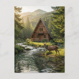 Cartão Postal Log Cabin, Stream and Deer, Father's Day