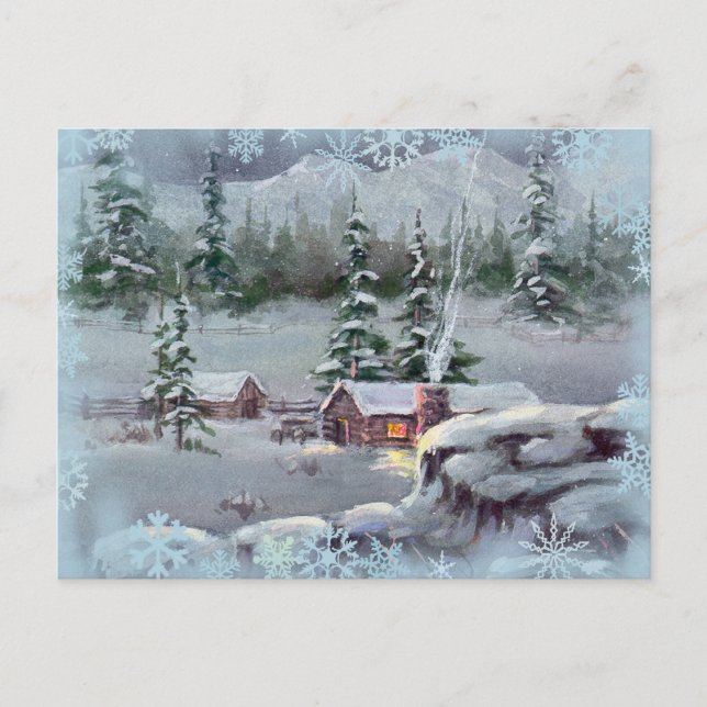 CARTÃO POSTAL LOG CABIN & SWNOWFLAKS POR SHARON SHARPE (Frente)