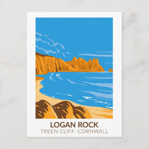 Cartão Postal Logan Rock no penhasco de Treen em Cornwall Vintag