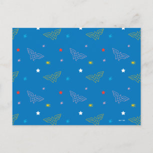 Cartão Postal Logotipo da Mulher-Maravilha e Estrelas Padrão Azu