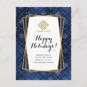Cartão Postal Logotipo de Natal Azul Dourado Flocos de Neve Negó