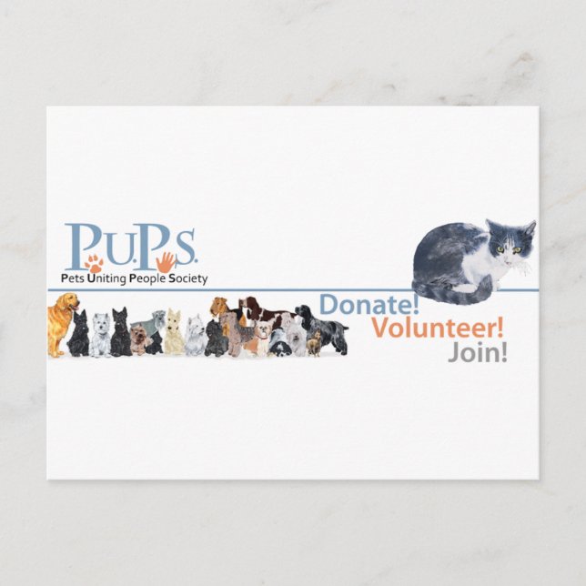 Cartão Postal Logotipo PUPs Merchandise com Tuxedo Cat (Frente)