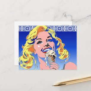 Cartão Postal Loira Comendo Sorvete Colorido Estilo Pop Art dos