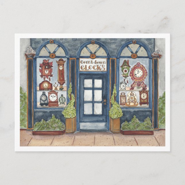 Cartão Postal Loja de Relógios Antigos de Ano Novo Aquarela (Frente)
