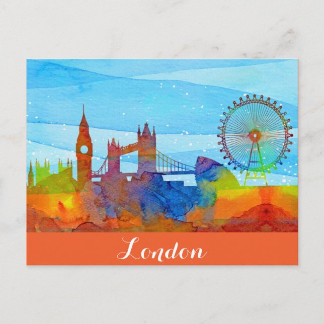 Cartão Postal London England City Skyline Watercolor (Frente)