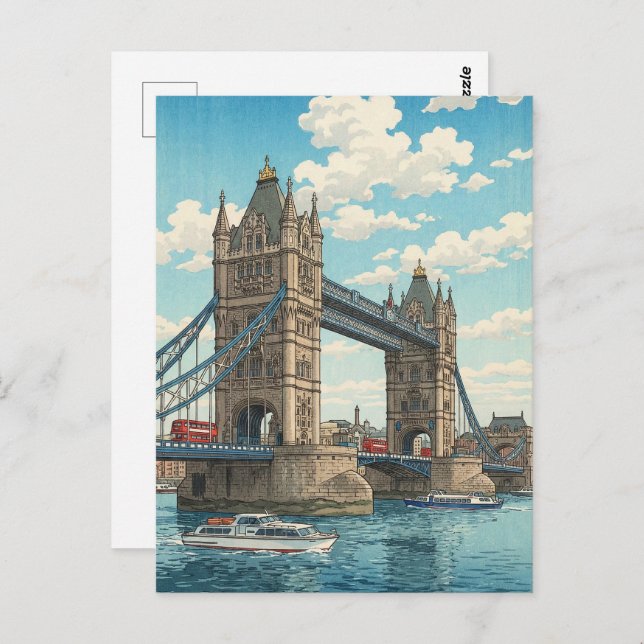 Cartão Postal London Tower Bridge Japanese Woodblock Print (Frente/Verso)