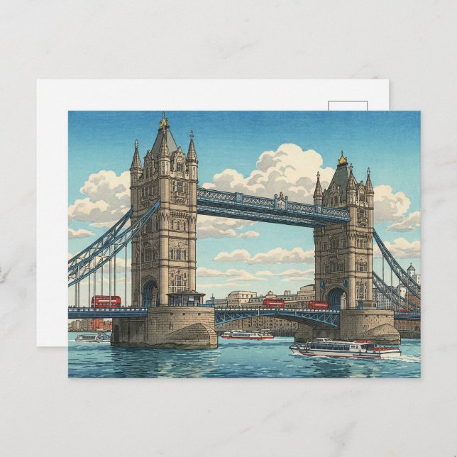 Cartão Postal London Tower Bridge Japanese Woodblock Print (Frente/Verso)