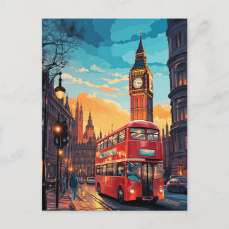 Cartão Postal Londres Big Ben Ônibus Vermelho Pôr do Sol Aquarel