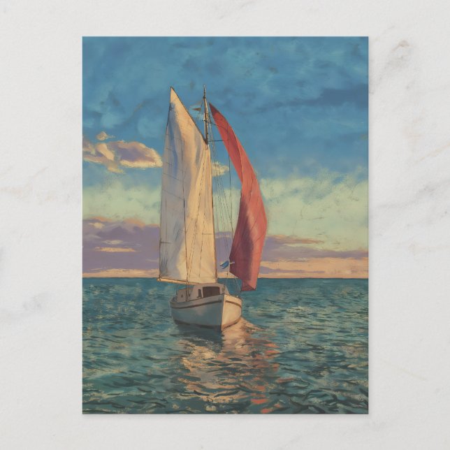Cartão Postal Lone Sailboat - Impressionism Style Seascape Art (Frente)