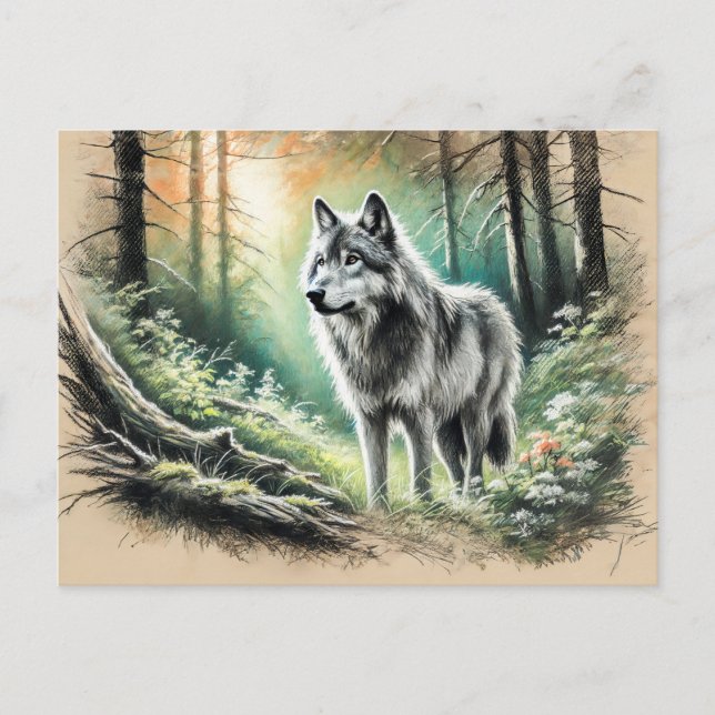 Cartão Postal Lone Wolf in Forest with Sunshine (Frente)