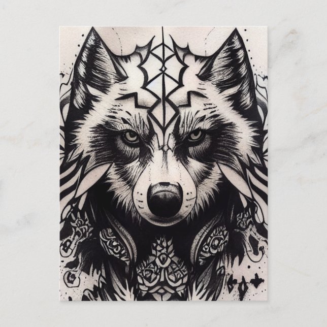 Cartão Postal Lone Wolf Tribal Tattoo Wolves Powerwolf Pack (Frente)