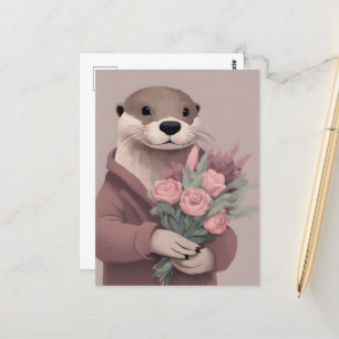 Cartão Postal Lontra Com Flores