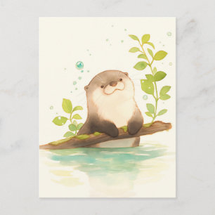 Cartão Postal Lontra de Aquarela Doce em Galho Musgoso