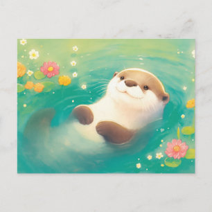 Cartão Postal Lontra de Aquarela Doce Floral do Lago