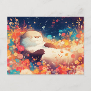 Cartão Postal Lontra Floral de Aquarela Feliz