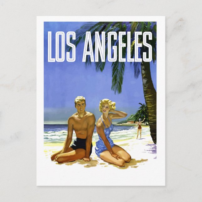 Cartão Postal Los Angeles, casal na praia, vintage (Frente)