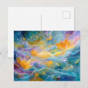 Cartão Postal Lótus Dourado Abstrato Flores Flutuantes