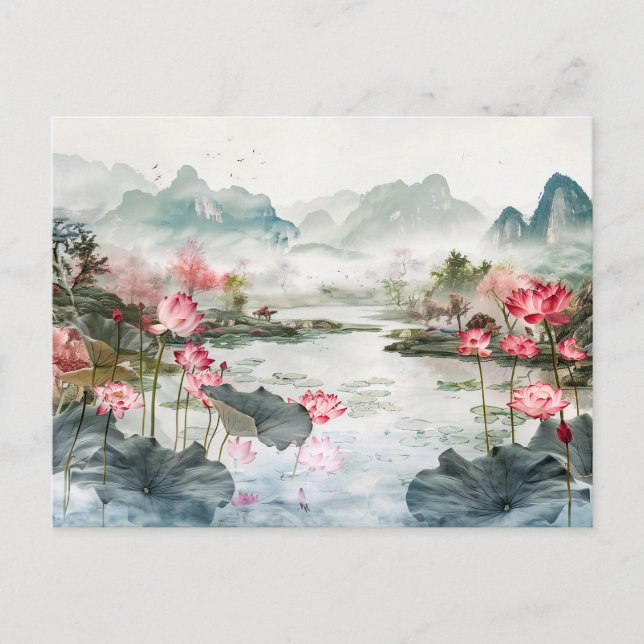 Cartão Postal Lotus e Serene, aquarelas chinesas (Frente)