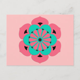 Cartão Postal Lotus Flower Mandala, Coral Rosa e Turquesa