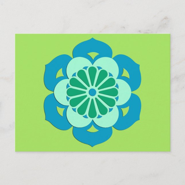 Cartão Postal Lotus Flower Mandala, Verde limão e Azul Claro (Frente)