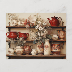 Cartão Postal Louças Vermelhas Brancas Cafeteira Creamer Açúcar