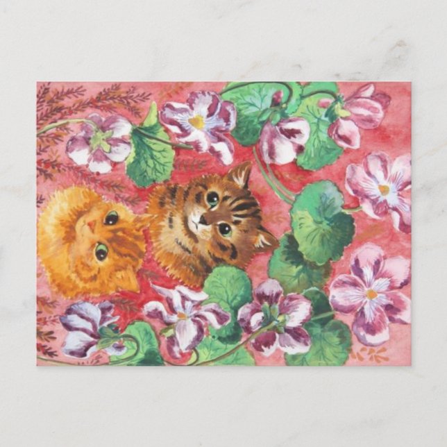 Cartão Postal Louis Wain Gatinhos e Pansies (Frente)